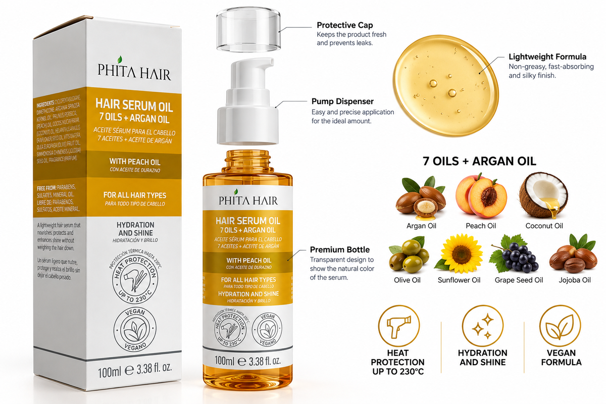 Phita Hair Hair Serum Oil – 7 Oils + Argan Oil with Peach Oil | 100ml / 3.38 fl. oz.