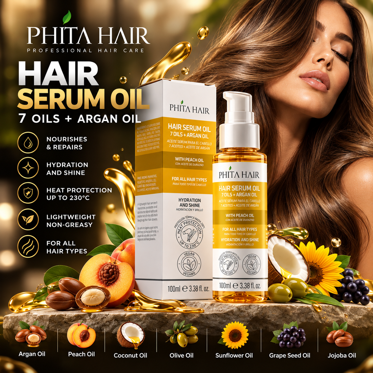 Phita Hair Hair Serum Oil – 7 Oils + Argan Oil with Peach Oil | 100ml / 3.38 fl. oz.